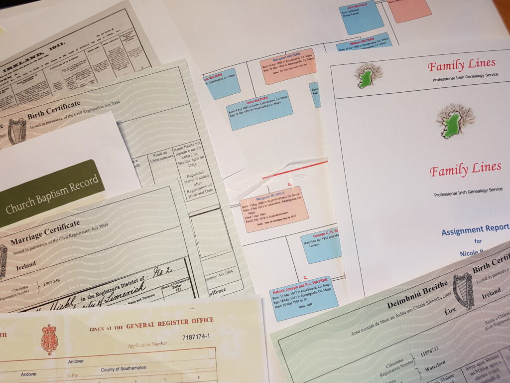 Irish Genealogist's Report, certificates and Family Tree