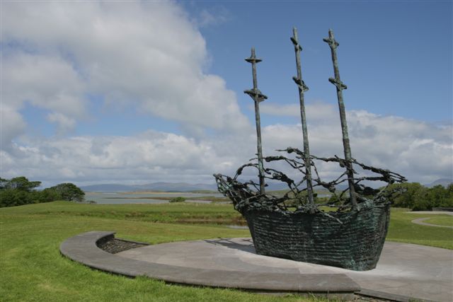 Irish Famine Memorial at Murrisk in Co. Mayo; this is a wrought iron sculpture of the "coffin ships" that took Irish emigrants across the Atlantic in the 19th century.