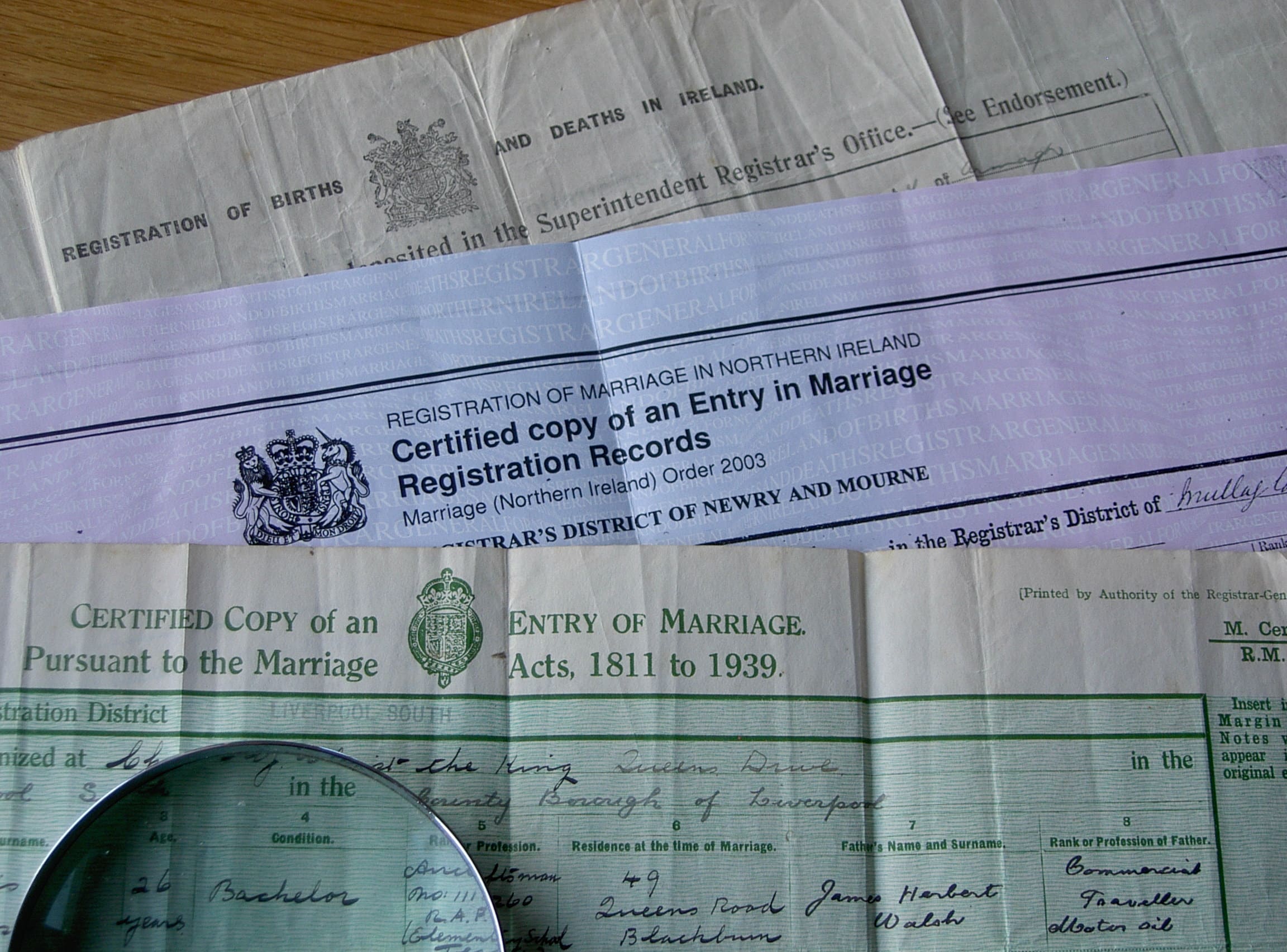 Birth, marriage and death civil registration Certificates