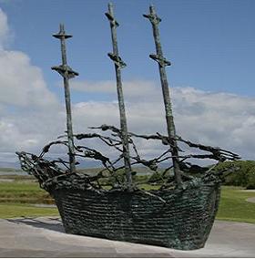 Irish Famine Memorial in Murrisk, Co. Mayo which depicts a shi carrying Irish emigrants overseas